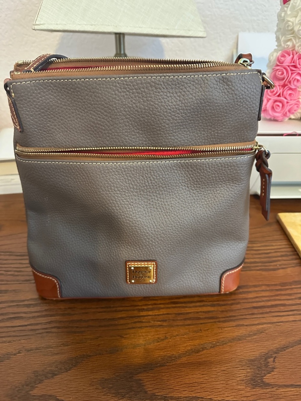 Dooney & Bourke Gray Pebble Leather Crossbody with Brown Trim
